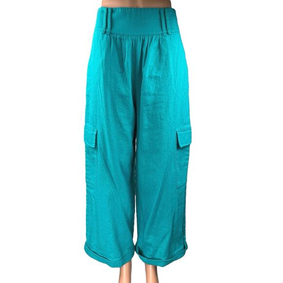 Nativozza La Rouge Blue Linen High Waisted Baggy Loose Trouser Cargo Pants 38 - Picture 1 of 5